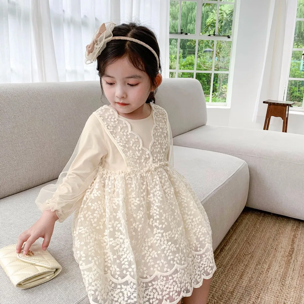 

Spring Full Sleeve Kids Dresses for Girl Lace Princess Dress Gauze Skirt Embroidery Cute Flower Girl Dresses Veil Korean Clothes