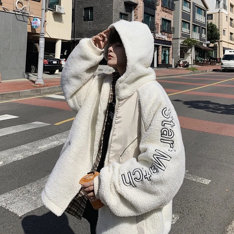 Lamb Wool Coat Male Trend Korean Couple Loose Cotton-padded Jacket Padded Jacket Plush Thick Men's Padded Jacket