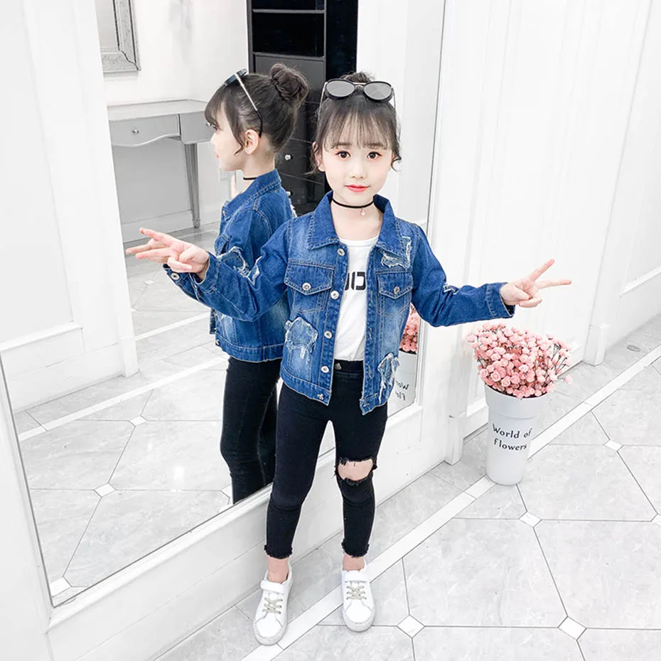 Джинсовая куртка для девочек со звездами верхняя одежда пальто рваная Верхняя