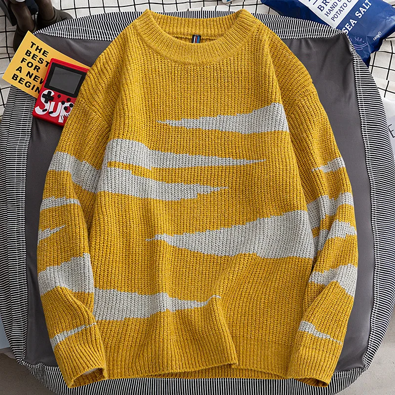 Желтый мужской свитер с круглым вырезом вязаные пуловеры Мужская одежда зимний