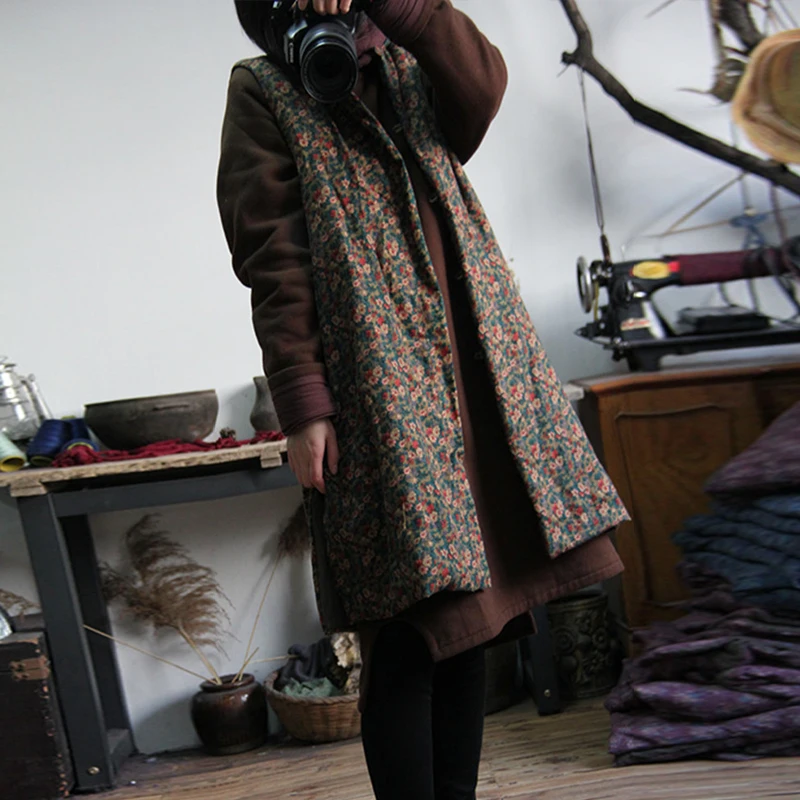 Женский однобортный жилет Johnature свободный хлопковый с цветочным принтом без