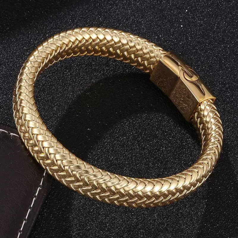 Модный плетеный браслет для мужчин золотистый кожаный из нержавеющей стали с