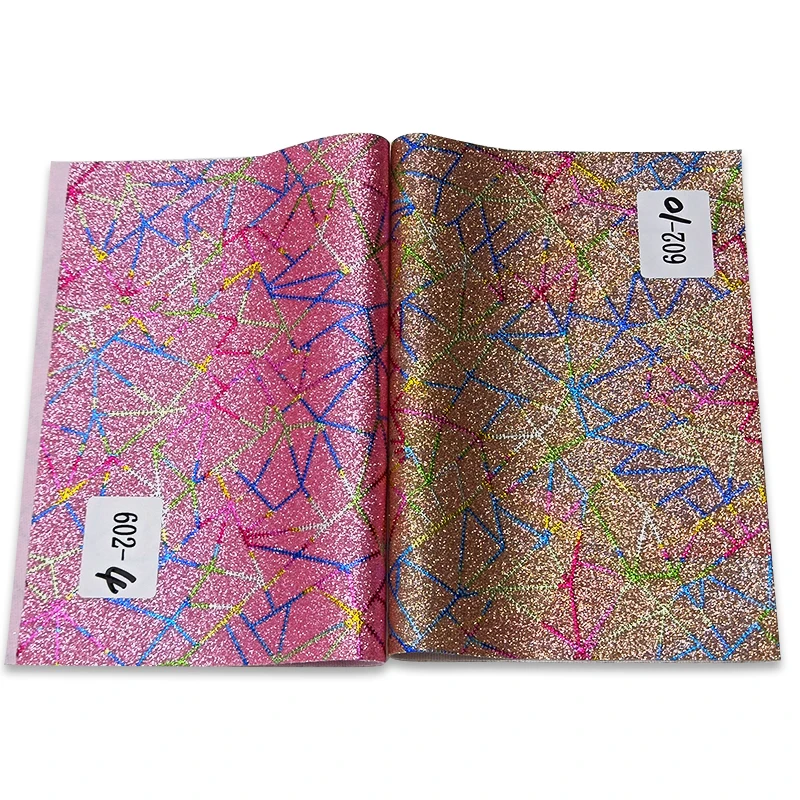 

Colorful Geometric Line Fine Glitter Faux Leather Fabric Sheet Elastic Backing For Making Stitching/DIY Accessories