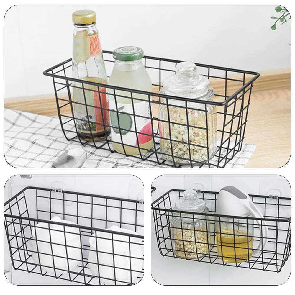 

2pcs Durable Multifunctional Wall Mount Iron Storage Baskets for Home (Black)