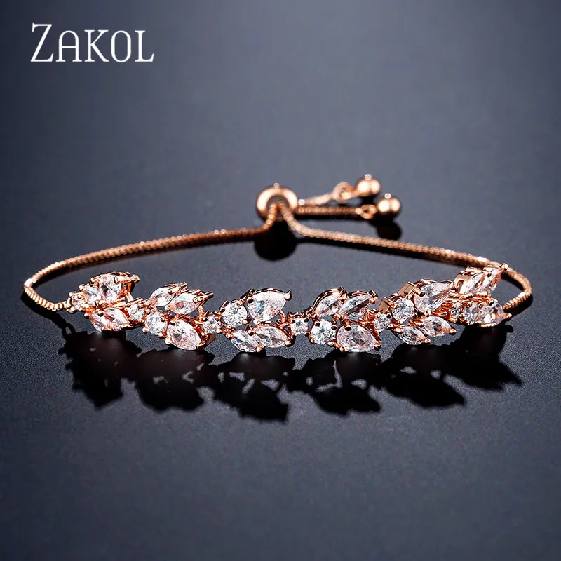 Rose Gold ZAKOL высокое качество белый кубический цирконий лист регулируемые браслеты для женщин модные свадебные украшения FSBP2159 - Окраска металла: Rose Gold