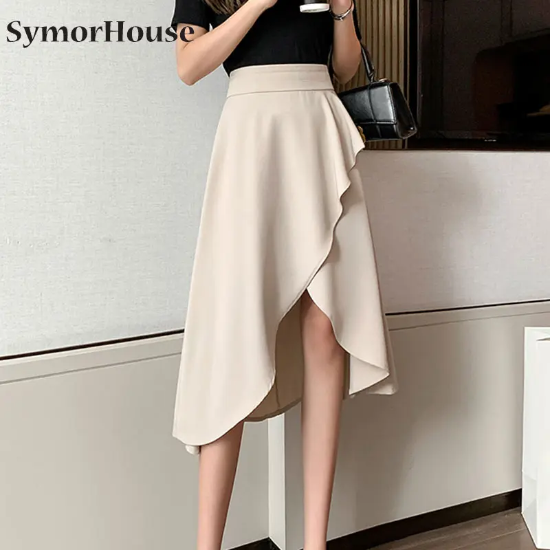 

2022 Summer irregular Slim High Waist Ruffles Skirts For Women Fashion Korean Style Casual Split Sexy A-Line Skirt Female Autumn