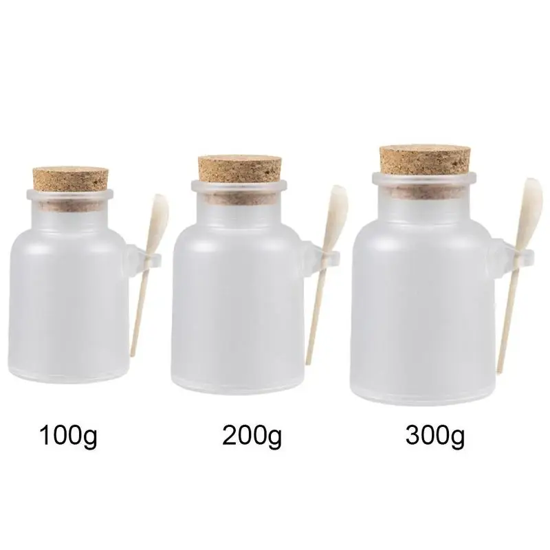 

1 pcs 100g/200g/300g Empty Bath Salt Bottle Plastic Mask Spoon Container Women Refillable Bottle Wood Jar Matte Cork N1I4