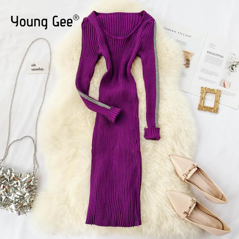 Женское трикотажное платье Young Gee повседневное облегающее эластичное футляр с