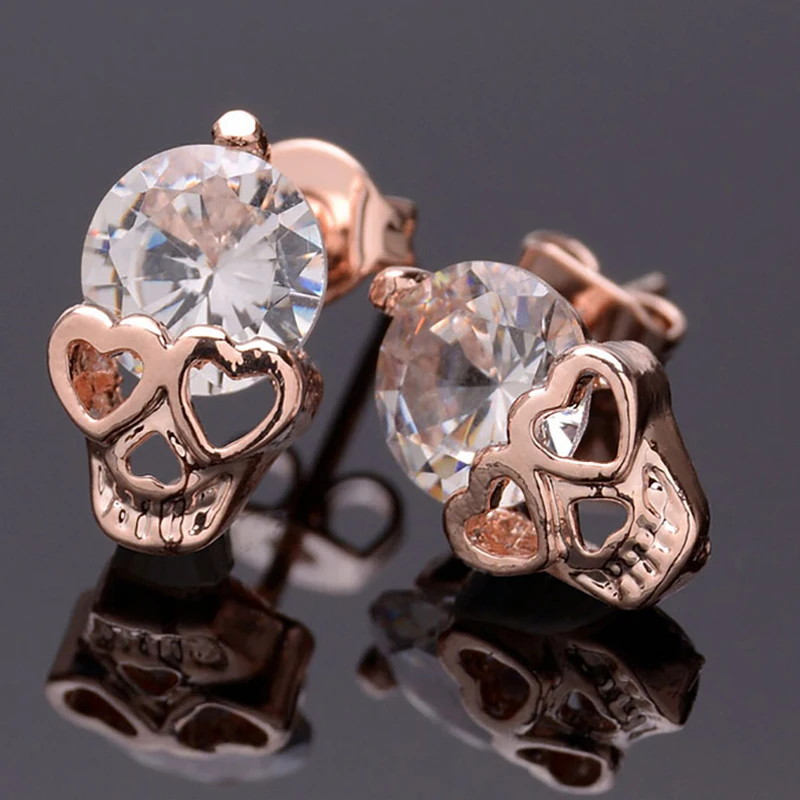 Women Plastic Earrings Cute Heart Eyes Skull Earring Small Jewelry Rose Gold Color Trendy Shining Crystal Stud | Украшения и