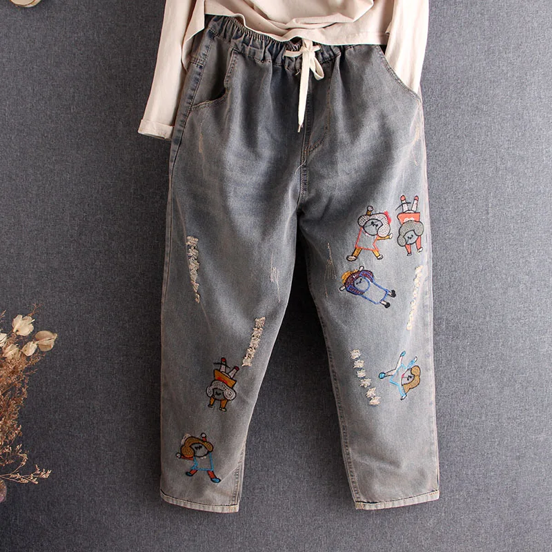 

Женские рваные джинсы с вышивкой, в стиле ретро, с эластичной талией, Выбеленные, винтажные, 2020