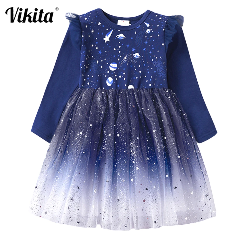 

VIKITA Children Elegant Dress Girls Autumn Spring Shinny Birthday Party Prom Dresses Kids Starry Sky Mesh Princess Tulle Dress