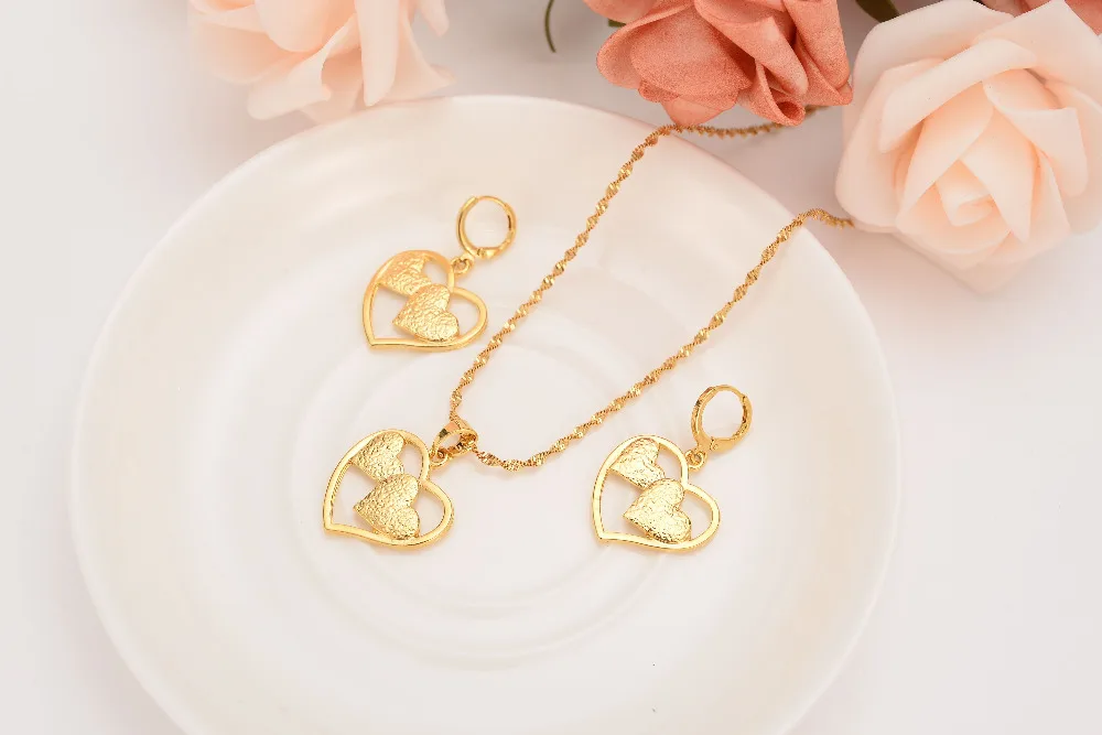 

18 k Solid G/F Gold love heart linked to heart Big small set Pendant Chain Earrings African Bride Wedding Bijoux girls