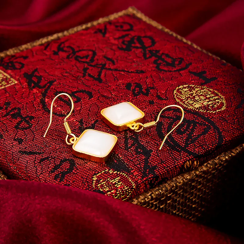 

Natural Green Hetian Jade Earring 925 Silver Fashion Jewelry Chalcedony Amulet Gifts for Women