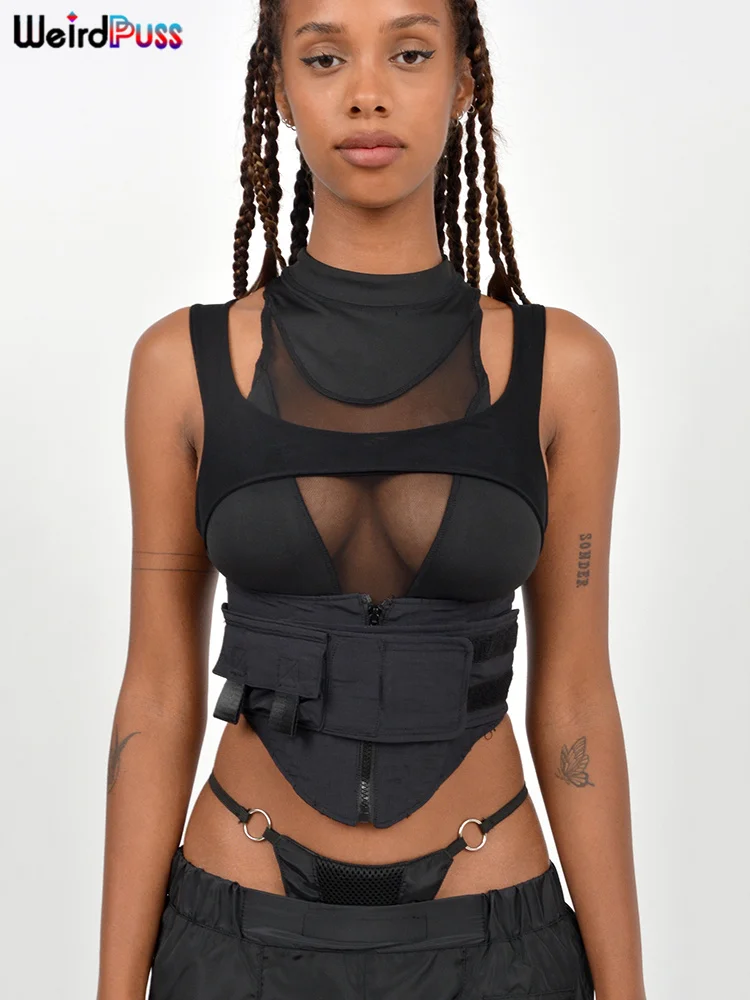 

Майка сетчатая многослойная с молнией и ремнем на липучке