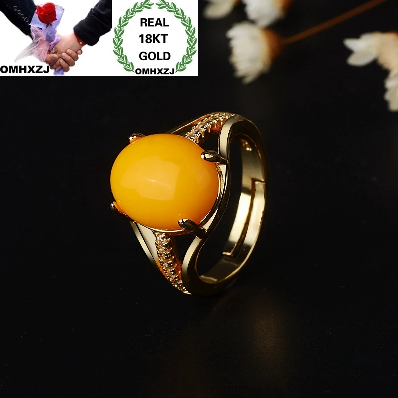 

OMHXZJ Wholesale European Fashion Hot Jewelry Woman Girl Party Birthday Wedding Gift Oval Amber Resizable 18KT Gold Ring RR845