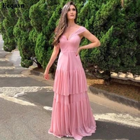eeqasn simple pink cap sleeves long bridesmaid dresses for wedding party gowns chiffon tiered saudi arabic women prom dress