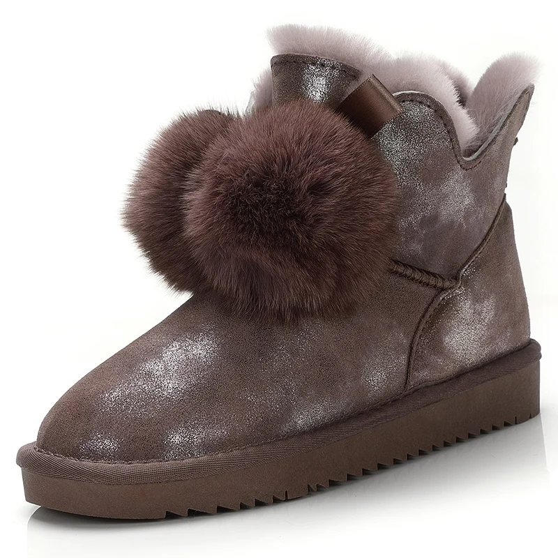 

G&Zaco Women Sheep Wool Boots Genuine Leather Ball Fox Fur Snow Boots Shoes Cowskin Sheep Fur Boots Flat Warm Winter Shoes