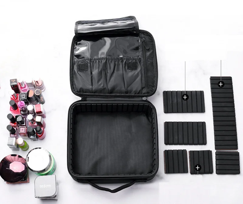 

Black Cosmetic Bag Case Women Travel Make Up Bag Multilayer Beauty Brush Makeup Suitcase Waterproof Cosmetic Storage Organizer