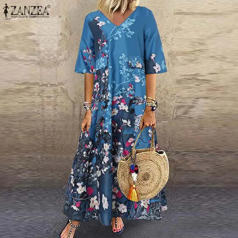 

Платье ZANZEA женское длинное с винтажным принтом, свободный пляжный сарафан в богемном стиле, с V-образным вырезом и коротким рукавом, большие ...