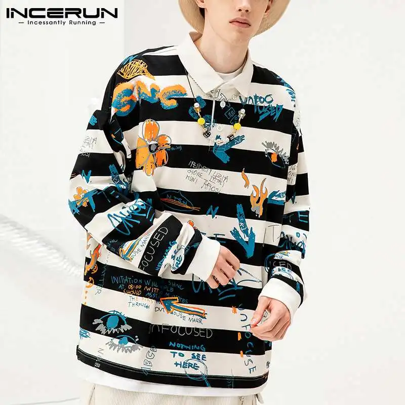

2021 Leisure Lapel Long Sleelve Printed Tops INCERUN Men Striped Shirts Man Korean Style Lapel Blouse Fashion Floral Camisa 5XL