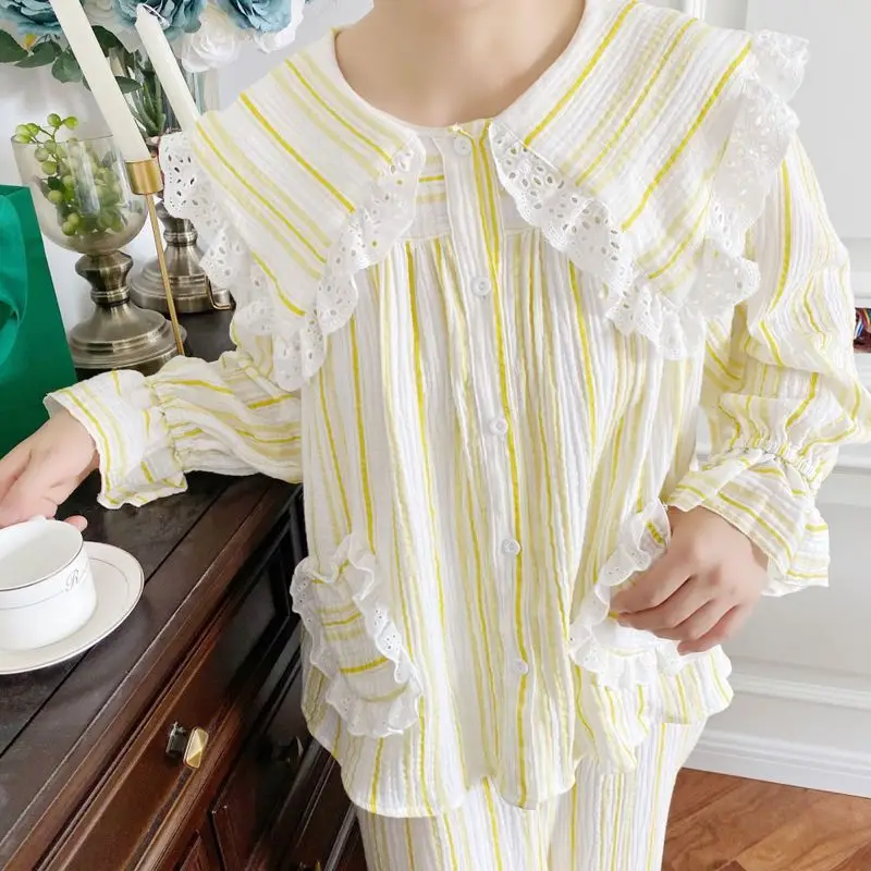 

Striped Lapel Striped Loose Pajamas Suit Cotton Girl Loose Cute Home Service Fairy Casual Batas De Dormir Para Mujer Sleep Tops