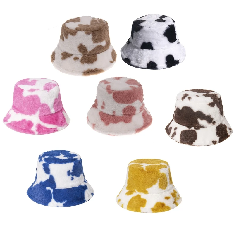 

Women Winter Warm Thicken Fluffy Plush Bucket Hat Milk Cow Printed Wide Brim Sunscreen Packable Panama Fisherman Cap