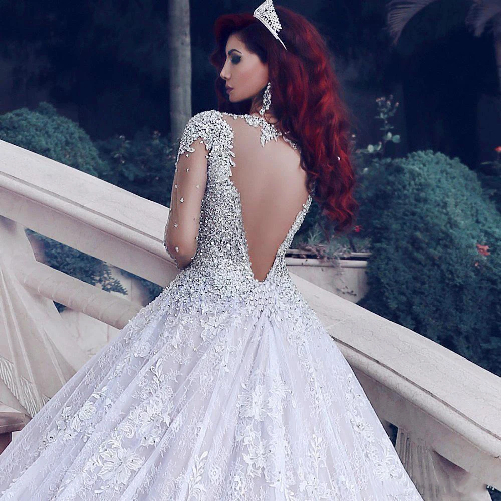 2020 Luxury Beaded Crystal Long Wedding Dresses Long Sleeves Tulle Applique Wedding Bridal Gowns Vestido De Novia Real Photos