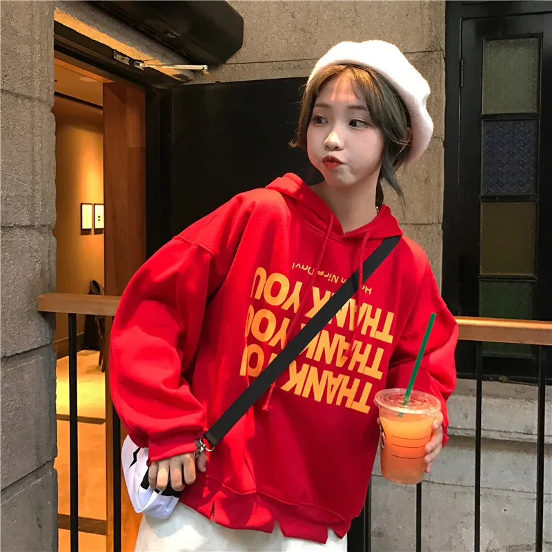 Женская толстовка с капюшоном принтом Thank You пуловер оверсайз длинным рукавом