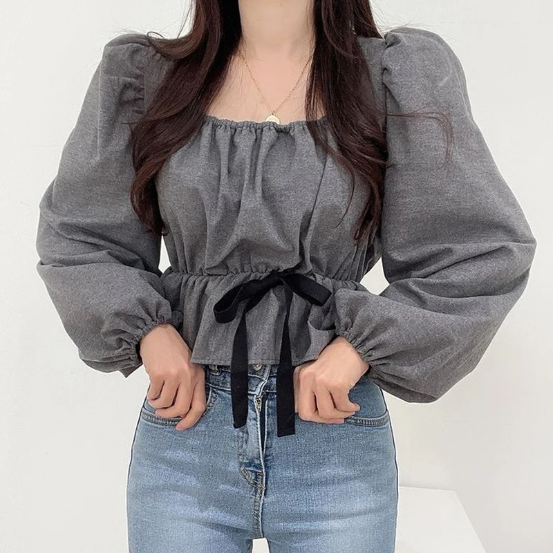 

Корейская версия 2021, новинка, милый короткий топ с квадратным вырезом и рукавами-фонариками, универсальная модная футболка