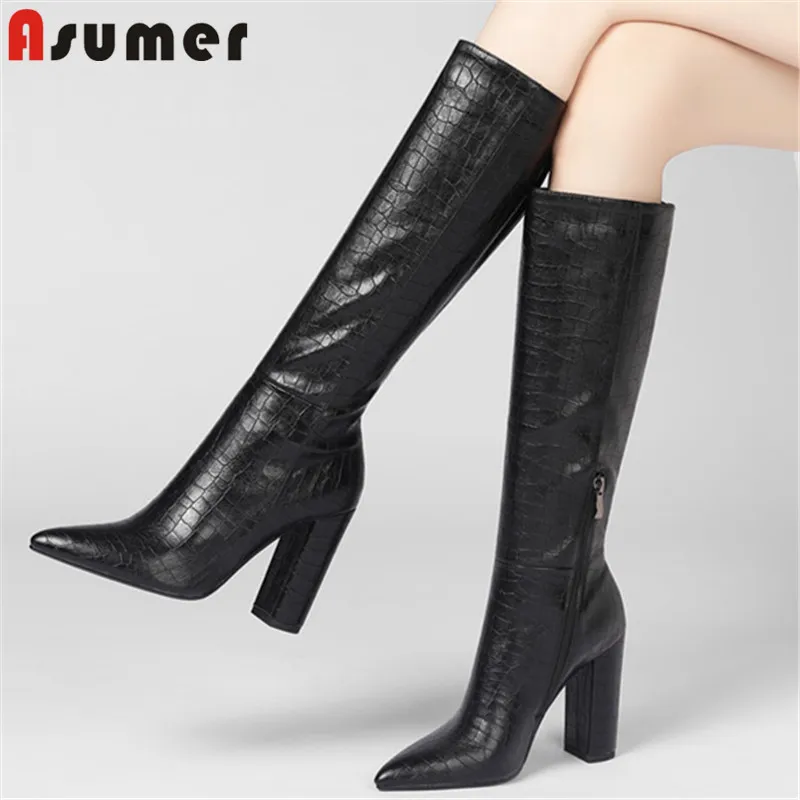 

Женские винтажные сапоги до колена ASUMER, черные сапоги на толстом высоком каблуке, с острым носком, на молнии, Осень-зима 2021