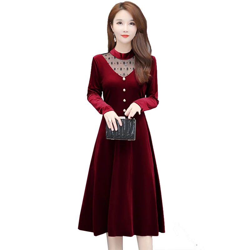 

Золотые бархатные платья для женщин, новинка 2021, весенне-Летнее Длинное платье для женщин с длинным рукавом размера плюс, приталенное плать...