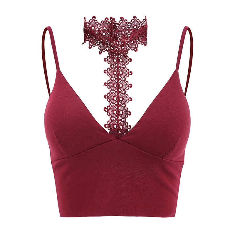 Женский укороченный топ без рукавов с кружевным воротником однотонный