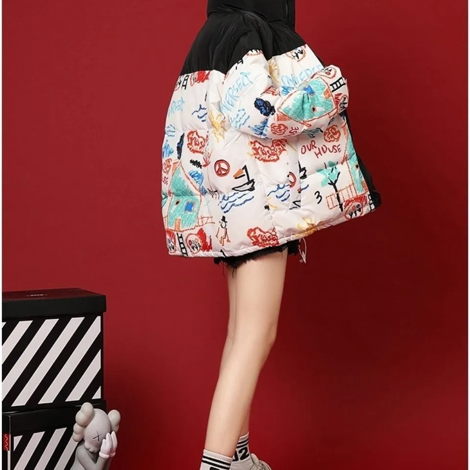 

2020 Korean fashion thickened down cotton jacket women's standing collar printing warm jacket loose oversized jacket