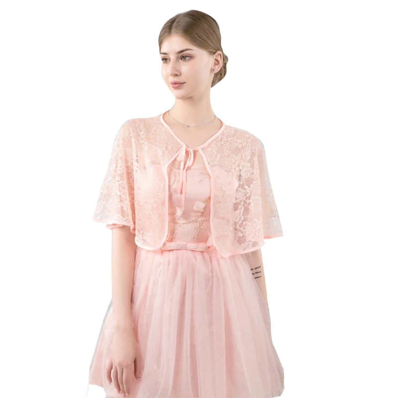 

Women Wedding Bridal Shawl Wrap Capelet Sheer Floral Lace Jacket Bolero Tulle Cape Bridesmaid Lace-Up Shrug Cover Up