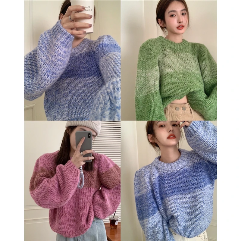 

Y2KSoft Waxy Sweater Women Thickened Loose Lazy Style Gradient Color Sweater Autumn and Winter 2021 New Japanese Retro Pullover