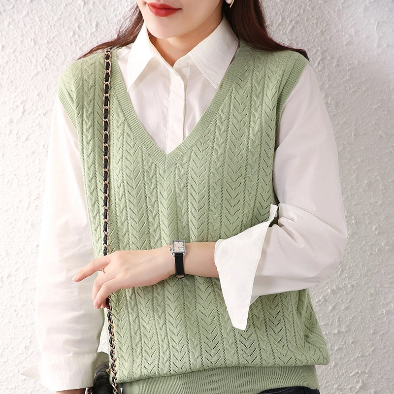 

ATTYYWS Hot new product ladies V-neck knitted hollow cashmere wool vest all-match simple sleeveless sweater pure color pullover