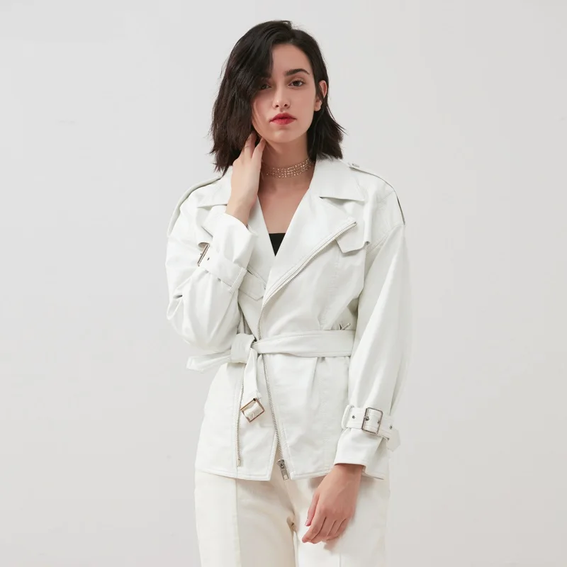 Autumn fashion Locomotive leather jacket female pure white pu leather outerwear was thin leather jackets with belt F1957
