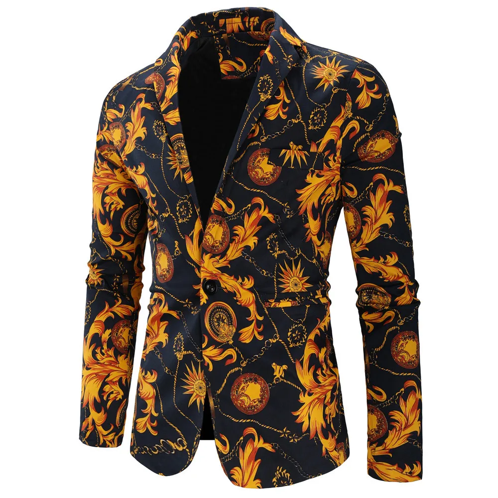 

Fashion Men Floral Printing Blazer Casual Slim Fit Party Single Breasted Suit Jacket Long Sleeve Coat Dress Tuxedo Costume Homme