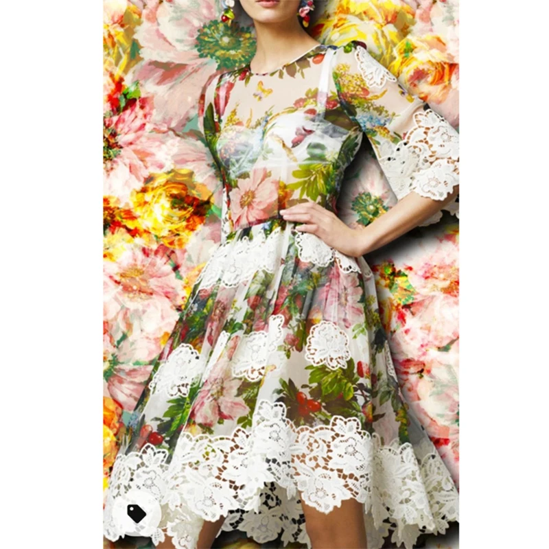 

Fashion Runway 2022 Spring Summer Dress Women New Design Flowers Printed Water soluble floral lace Patchwork Half Party Dresses