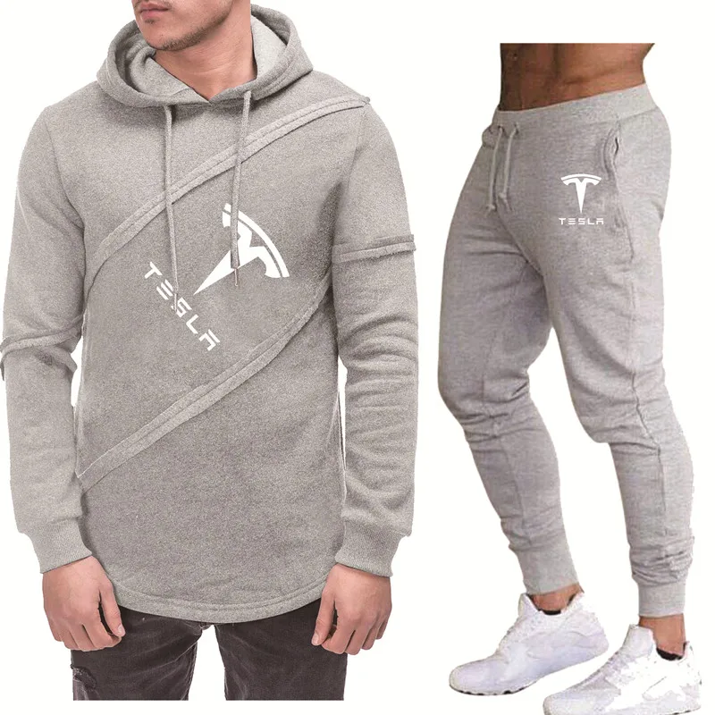

Spring Autumn Men's hoodies Tesla car Logo Printing Fashion Casual pullover Cotton High Quality Men's hoodie + Pants Suit 2Pcs
