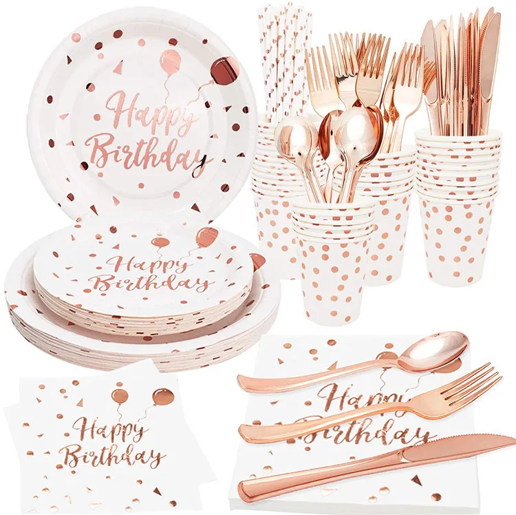 

White Happy Birthday Disposable Tableware Balloons Serves 8 Guests Rose Gold Happy Birthday Ballons Happy Birthday Party Baloons
