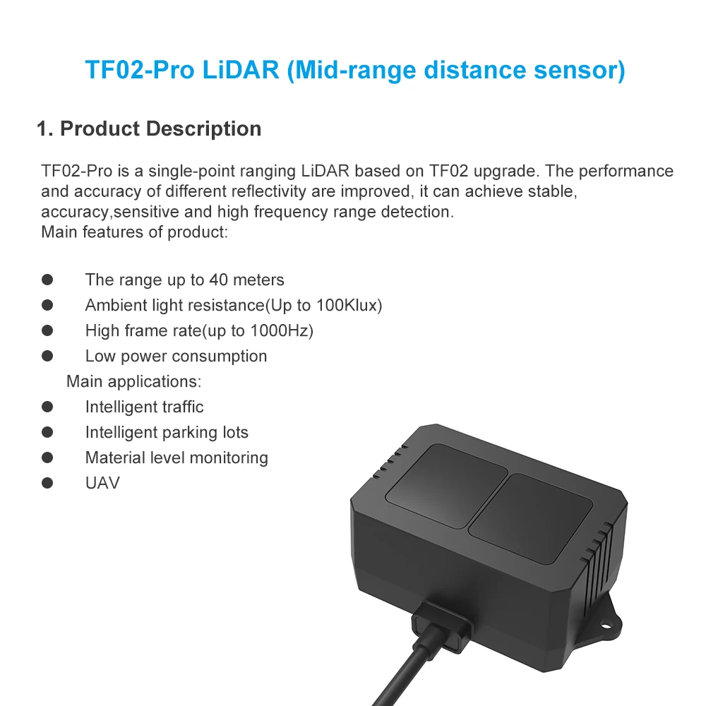Benewake TF02 Pro mid-range distance sensor 1000Hz Frame Rate&amp40meters Operating Range Lidar Module for Indoor/Outdoor/Robot |