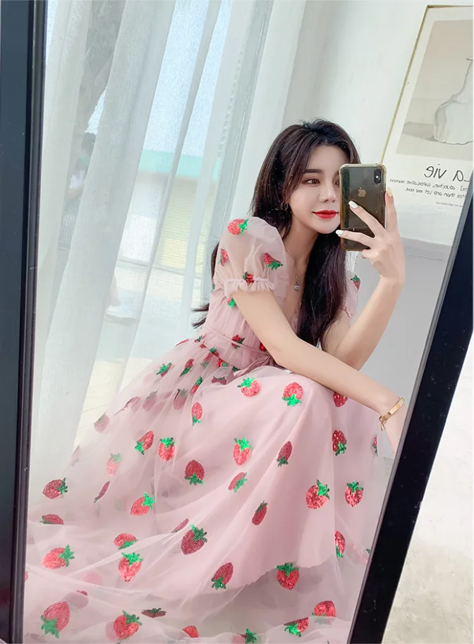 

Strawberry dress Sequined Embroidery Cascading Ruffle Maxi Dress Women summer V-neck Puff Sleeve Bow Pink Tulle Mesh Long Dress