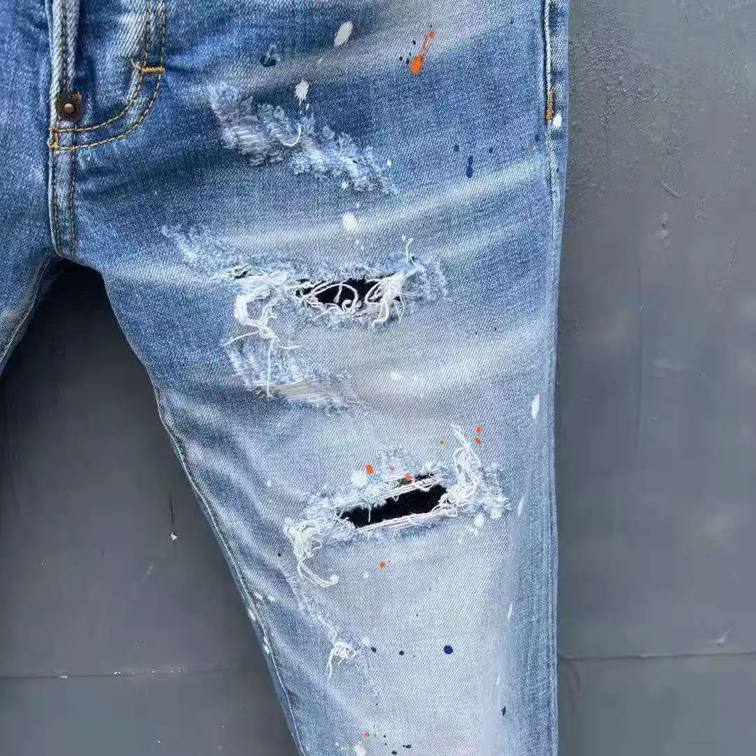 2021 Spring/Summer DSQUARED2 Men's/Women's Jeans Fashion Washed Water Frayed Hole Patches Micro-Elastic Ink Splashing Pants 058