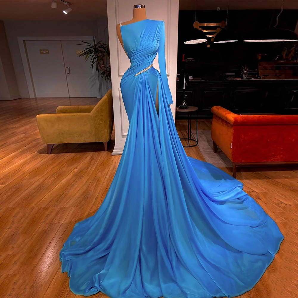 

Женское вечернее платье-Русалка Weilinsha, платье небесно-голубого цвета с асимметричным вырезом и длинными рукавами, плиссированное платье с рюшами для выпускного вечера