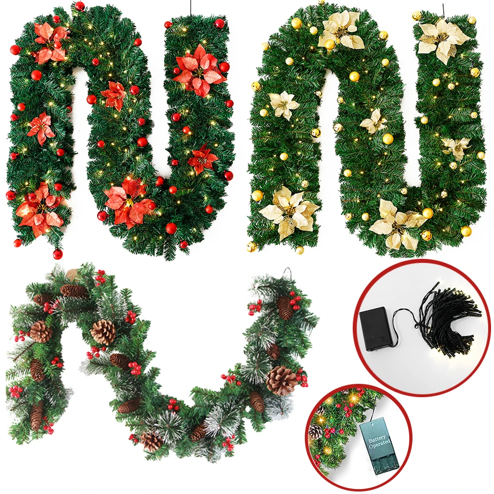 2.7m With LED Lights Christmas Garland Wreath Xmas Home Party New Year Decor Pine Tree Rattan Hanging Garden Ornament Noel 2022