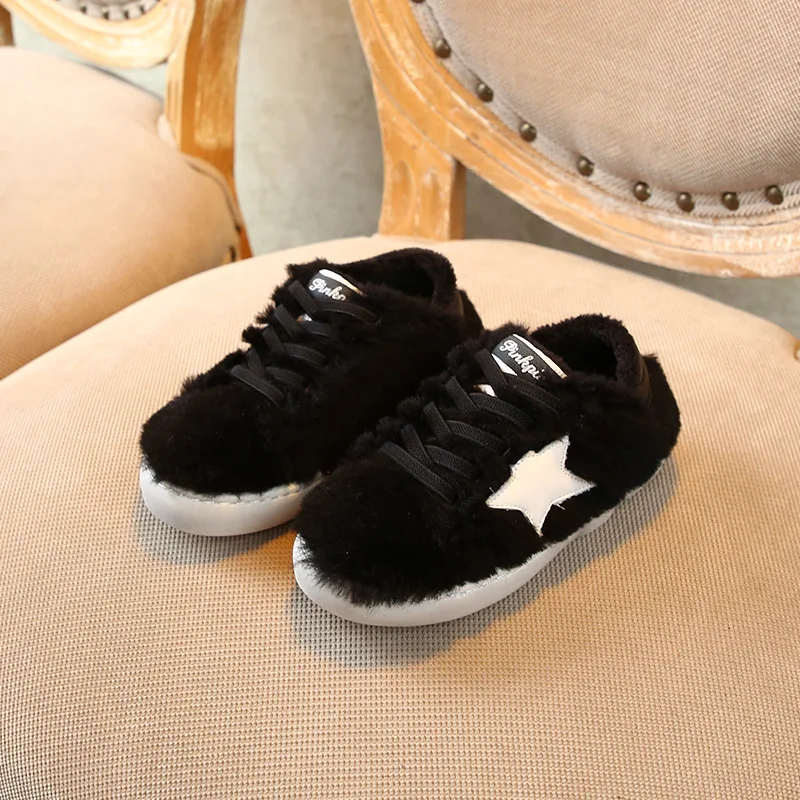 

2019 Winter Children Sheep Fur Sneaker Keep Warm Little Girls Fur Shoes Little Boys Star Sneaker Lace-up Kid Shallow Shoes 21-37