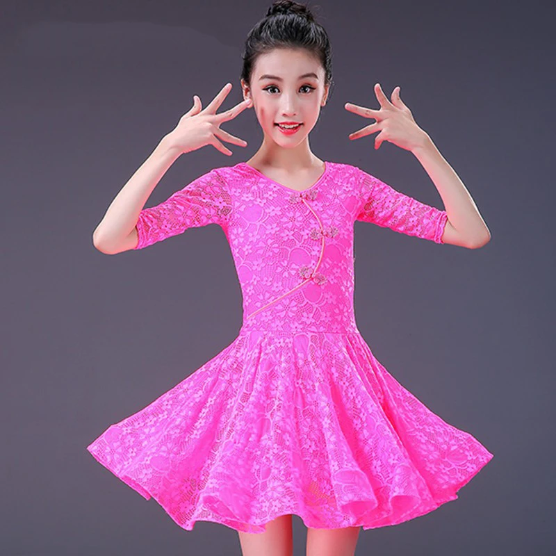 Детская одежда для латинских танцев девочек 3 цвета Приталенное кружевное платье