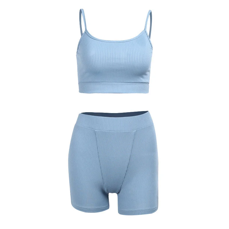 

Solid Colored Sling Short Vest Biker High Waist Shorts Casual Sports Two Piece Set 2021 Streetwear Casual Gym Slim Tracksuits