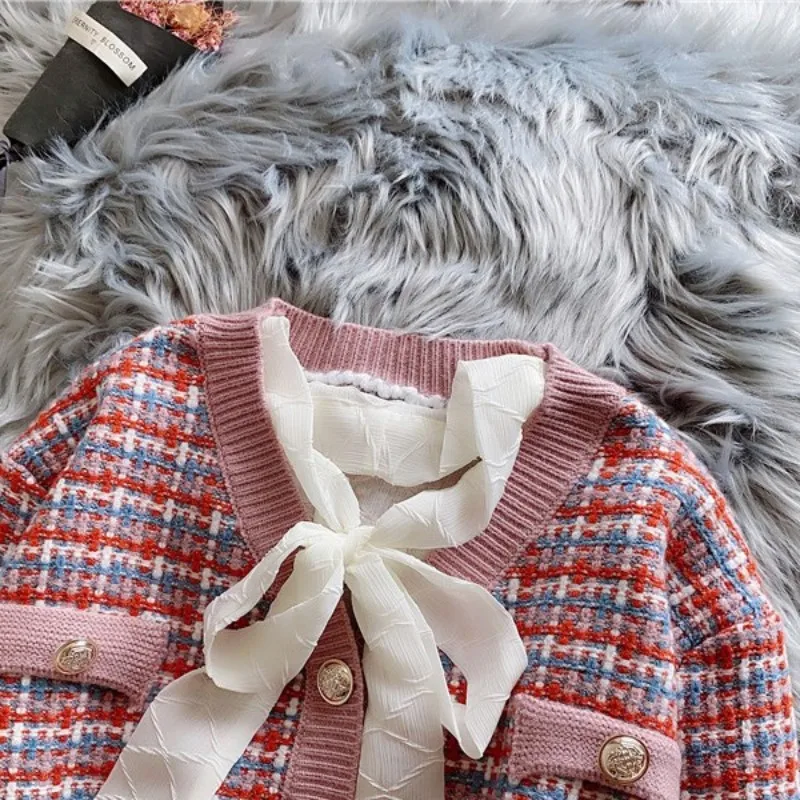

Autumn Knitting Cardigan Women Vintage Tweed Sweater Casual Female Long Sleeve Loose V-Neck Single Breasted Plaid Sweatercoat